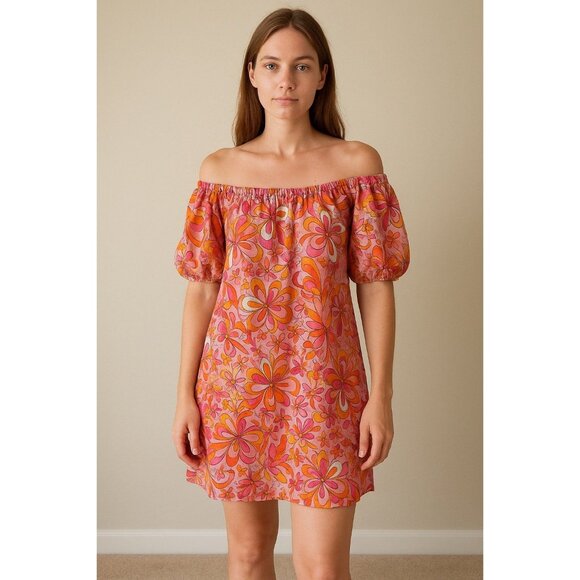 A.N.A. (A New Approach) Linen Blend Peasant Dress – Pink Orange Floral Retro - Picture 1 of 8